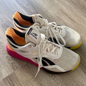 Reebok Nano X White and Black Sneakers with Pink and Yellow Accents size 10